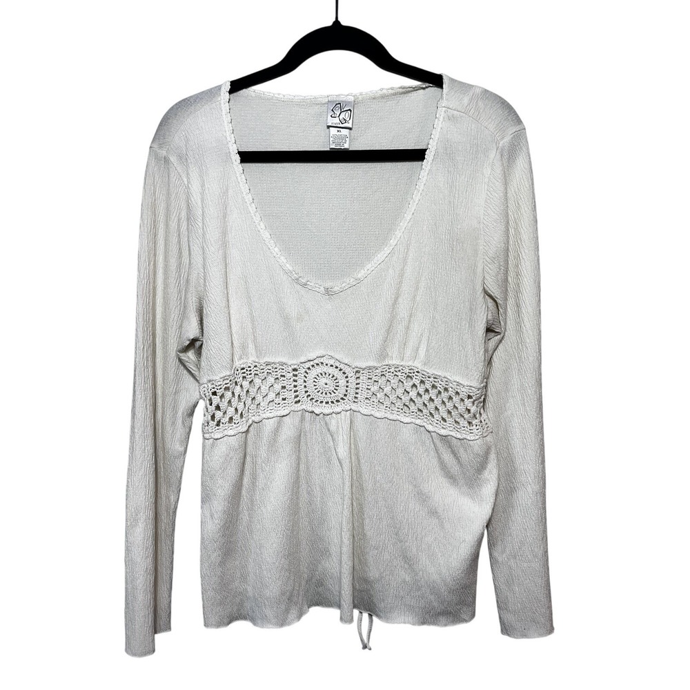 Womens Babydoll Long Sleeve Fairy Top Size XL Boho Crochet Ivory Peasant Y2K
